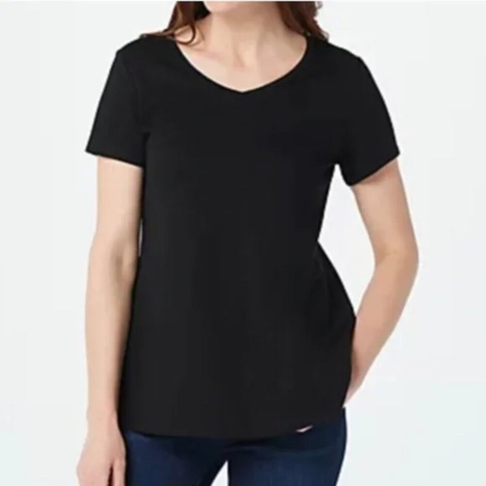 Issac Mizrahi Live Short Sleeve V-Neck Black T-shirt Tee Tunic Top Size S…